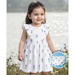 Babyhug Single Jersey Knit Frill Sleeves Floral Printed Frock with Bloomer - White