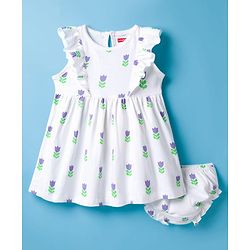 Babyhug Single Jersey Knit Frill Sleeves Floral Printed Frock with Bloomer - White