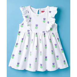 Babyhug Single Jersey Knit Frill Sleeves Floral Printed Frock with Bloomer - White