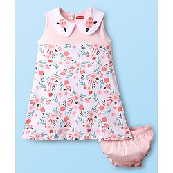 Babyhug Single Jersey Knit Sleeveless Peter Pan Collar Frock With Floral Print & Bloomer - Light Pink
