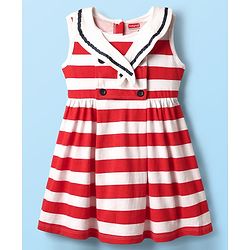 Babyhug 100% Cotton Sleeveless Striped Frock With Sailor Collar Neck - White & Red