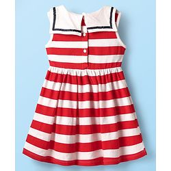 Babyhug 100% Cotton Sleeveless Striped Frock With Sailor Collar Neck - White & Red