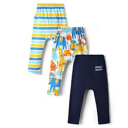 Babyhug Cotton Knit Full Length Diaper Leggings With Stripes & Animal Print Pack Of 3 - Multicolour