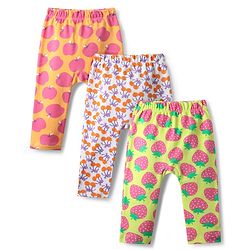 Babyhug Cotton Knit Full Length Diaper Legging With Tropical Theme Print Pack Of 3 - Orange Yellow & Purple