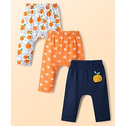 Babyhug Interlock Cotton Knit Full Length Diaper Leggings With Polka Dots & Fruits Print Pack Of 3 - Navy Blue Orange & White