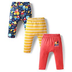 Babyhug 100% Cotton Interlock Knit Full Length Diaper Pants with Stripes & Vehicle Print Pack of 3 - Yellow & Navy Blue