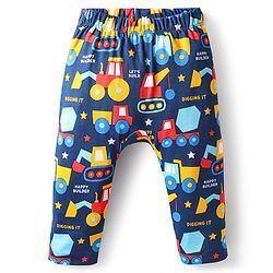 Babyhug 100% Cotton Interlock Knit Full Length Diaper Pants with Stripes & Vehicle Print Pack of 3 - Yellow & Navy Blue