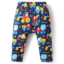 Babyhug 100% Cotton Interlock Knit Full Length Diaper Pants with Stripes & Vehicle Print Pack of 3 - Yellow & Navy Blue