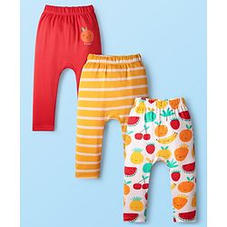 Babyhug Interlock Knit Full Length Diaper Leggings with Fruit Print & Stripes Pack of 3 - Red White & Yellow