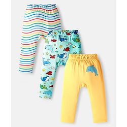 Babyhug Cotton Interlock Knit Full Length Diaper Pant with Stripe & Sea Animal Print Pack of 3 - White Yellow & Aqua Blue