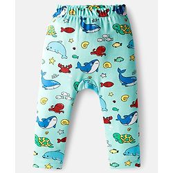 Babyhug Cotton Interlock Knit Full Length Diaper Pant with Stripe & Sea Animal Print Pack of 3 - White Yellow & Aqua Blue