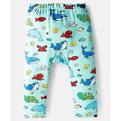 Babyhug Cotton Interlock Knit Full Length Diaper Pant with Stripe & Sea Animal Print Pack of 3 - White Yellow & Aqua Blue