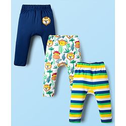 Babyhug Cotton Knit Full Length Diaper Leggings With Animal Print & Stripes Pack Of 3 - Navy Blue White & Yellow