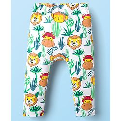 Babyhug Cotton Knit Full Length Diaper Leggings With Animal Print & Stripes Pack Of 3 - Navy Blue White & Yellow