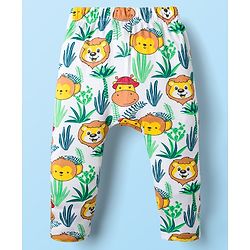 Babyhug Cotton Knit Full Length Diaper Leggings With Animal Print & Stripes Pack Of 3 - Navy Blue White & Yellow