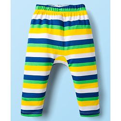 Babyhug Cotton Knit Full Length Diaper Leggings With Animal Print & Stripes Pack Of 3 - Navy Blue White & Yellow