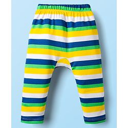 Babyhug Cotton Knit Full Length Diaper Leggings With Animal Print & Stripes Pack Of 3 - Navy Blue White & Yellow