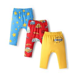 Babyhug Interlock Knit Full Length Diaper Leggings with Star & Car Print Pack of 3 - Yellow Red & Blue