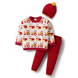 Babyhug Organic Cotton Knit Full Sleeves Sweater Set With Cap & Vehicle Design - Brown & White
