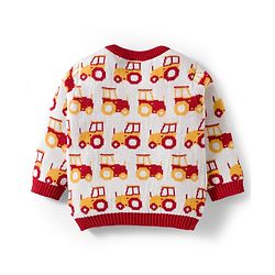Babyhug Organic Cotton Knit Full Sleeves Sweater Set With Cap & Vehicle Design - Brown & White