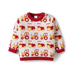 Babyhug Organic Cotton Knit Full Sleeves Sweater Set With Cap & Vehicle Design - Brown & White