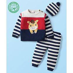 Babyhug Organic Cotton Full Sleeves Striped Pullover Sweater Set with Cap & Patch Detailing - Multicolor