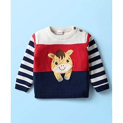 Babyhug Organic Cotton Full Sleeves Striped Pullover Sweater Set with Cap & Patch Detailing - Multicolor