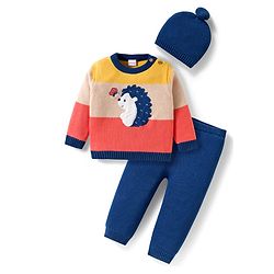 Babyhug Organic Cotton Knit Full Sleeves Sweater Set with Color Block Design Porcupine Patch & Cap - Navy Blue