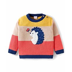Babyhug Organic Cotton Knit Full Sleeves Sweater Set with Color Block Design Porcupine Patch & Cap - Navy Blue