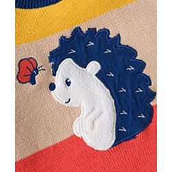 Babyhug Organic Cotton Knit Full Sleeves Sweater Set with Color Block Design Porcupine Patch & Cap - Navy Blue