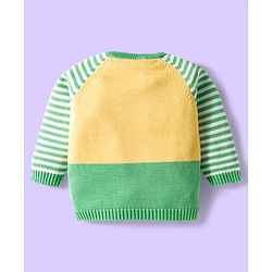 Babyhug Organic Cotton Knit Full Raglan Sleeves Sweater Set with Stripe Color Block Bear Design & Cap - Green