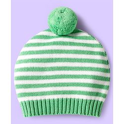 Babyhug Organic Cotton Knit Full Raglan Sleeves Sweater Set with Stripe Color Block Bear Design & Cap - Green