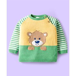 Babyhug Organic Cotton Knit Full Raglan Sleeves Sweater Set with Stripe Color Block Bear Design & Cap - Green