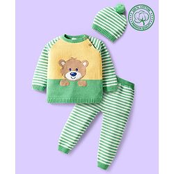 Babyhug Organic Cotton Knit Full Raglan Sleeves Sweater Set with Stripe Color Block Bear Design & Cap - Green