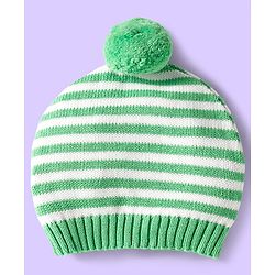 Babyhug Organic Cotton Knit Full Raglan Sleeves Sweater Set with Stripe Color Block Bear Design & Cap - Green