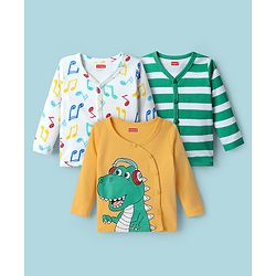 Babyhug 100% Cotton Interlock Knit Full Sleeves Front Open Jhablas with Stripe Design & Dino Print Pack of 3 - White Green & Mustard