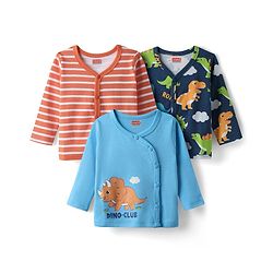 Babyhug 100% Cotton Full Sleeves Front Open Vest With Stripes & Animal Print Pack Of 3 - Light Blue Red & Navy Blue