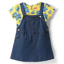 Babyhug Cotton Woven Half Sleeves Frock with Inner T-Shirt & Floral Print - Blue & Yellow