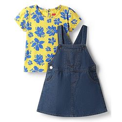 Babyhug Cotton Woven Half Sleeves Frock with Inner T-Shirt & Floral Print - Blue & Yellow