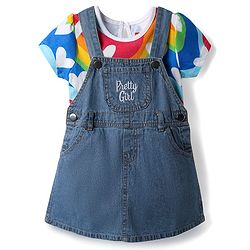 Babyhug Cotton Woven Frock & Half Sleeves Inner Tee With Heart Print - Blue