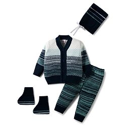 Babyhug Knitted Full Sleeves Striped Sweater Set With Cap & Booties - Navy Blue