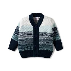 Babyhug Knitted Full Sleeves Striped Sweater Set With Cap & Booties - Navy Blue