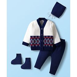 Babyhug Knit Full Sleeves Front Open Sweater & Pant Set with Cap & Booties & Fair Isle Design - Navy Blue & White
