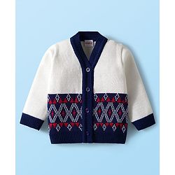 Babyhug Knit Full Sleeves Front Open Sweater & Pant Set with Cap & Booties & Fair Isle Design - Navy Blue & White