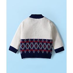 Babyhug Knit Full Sleeves Front Open Sweater & Pant Set with Cap & Booties & Fair Isle Design - Navy Blue & White