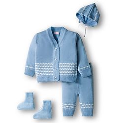 Babyhug Knit Full Sleeves  Front Open Sweater Sets With Cap & Booties With Stripes - Light Blue