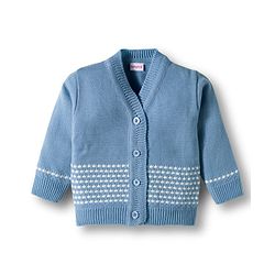 Babyhug Knit Full Sleeves  Front Open Sweater Sets With Cap & Booties With Stripes - Light Blue