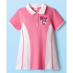 Babyhug 100% Cotton Single Jersey Knit Half Sleeves Text Printed Dress With Collar Neck - Pink