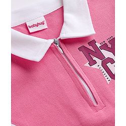 Babyhug 100% Cotton Single Jersey Knit Half Sleeves Text Printed Dress With Collar Neck - Pink