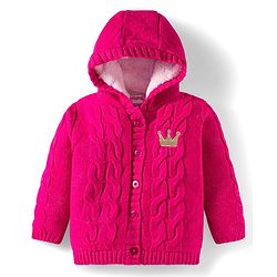 Babyhug Knit Full Sleeves Hooded Front Open Sweater with Cable Knit Design - Dark Pink
